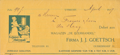 711126 Kop van een nota van Magazijn De IJzerhandel , Firma J..J. Goettsch, Oudkerkhof 31 te Utrecht, ten name van de ...